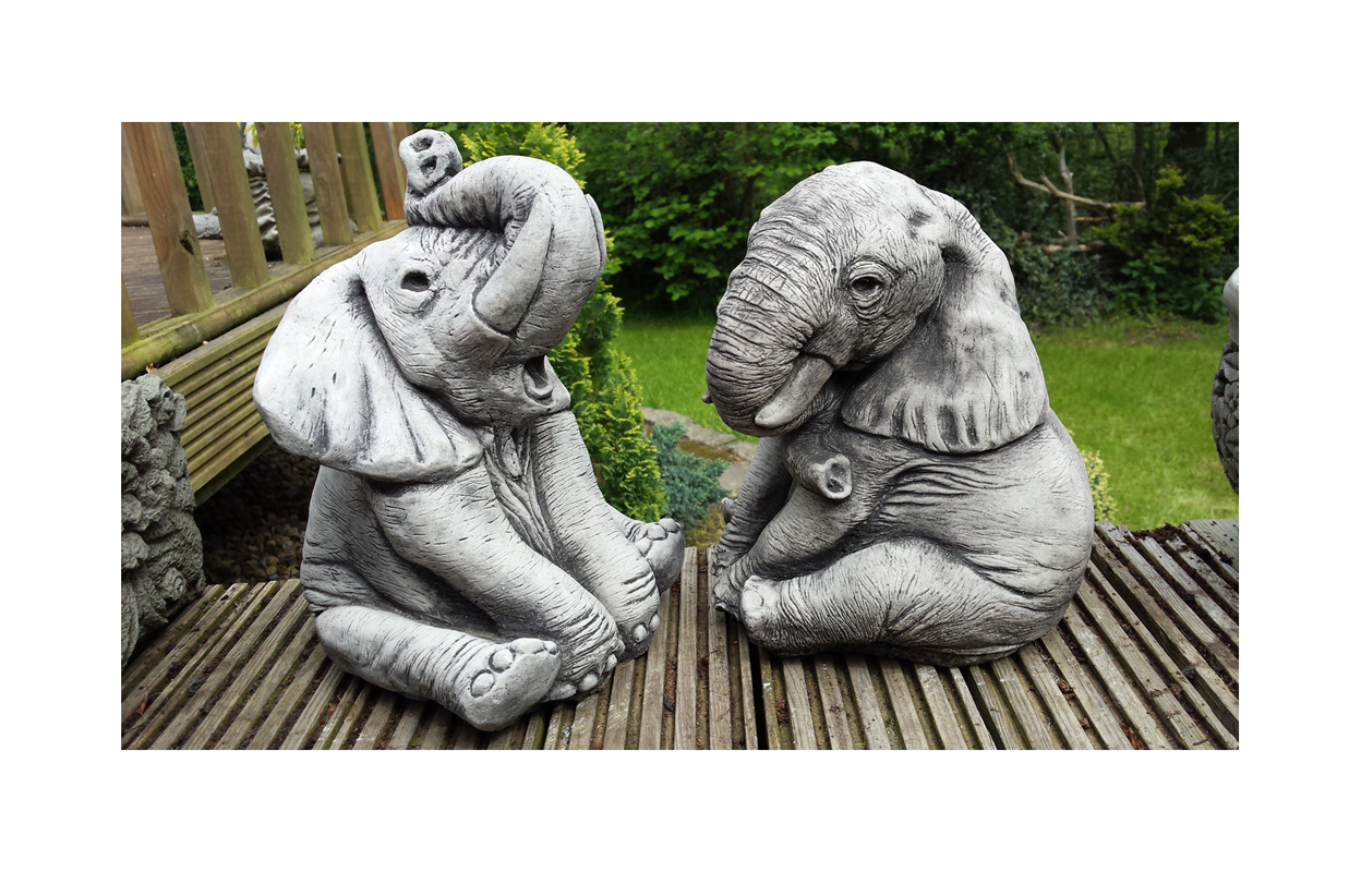 ELEPHANTS PAIR Handcast Stone Garden Ornament / Statue / Sculpture