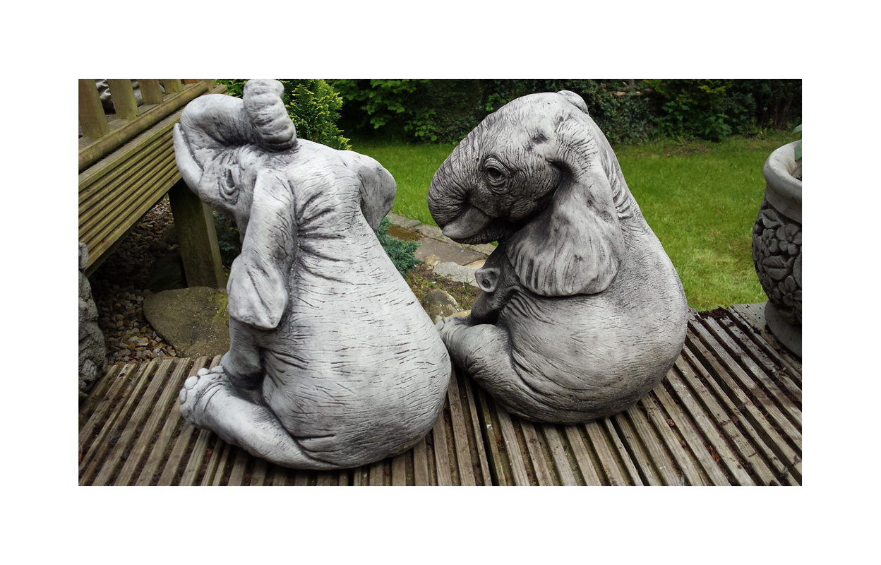 ELEPHANTS PAIR Handcast Stone Garden Ornament / Statue / Sculpture