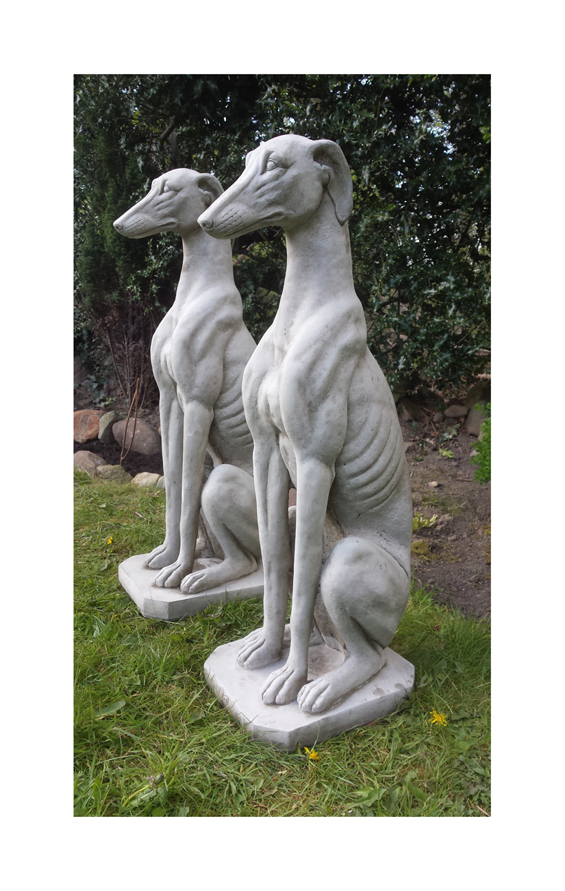 2 LIFE SIZE GREYHOUND PAIR Hand Cast Stone Garden Ornament Sculpture