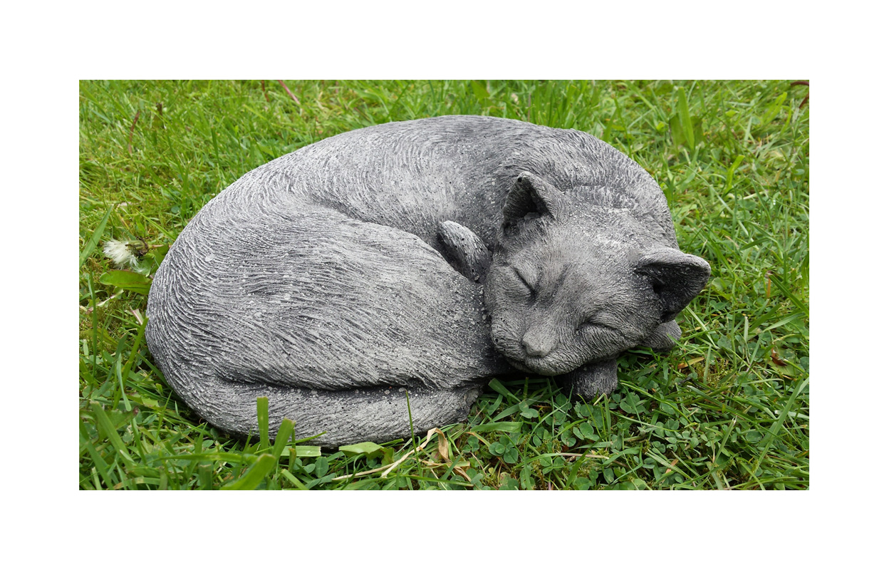 SLEEPING CURLED UP CAT Hand Cast Stone Garden Ornament Sculpture