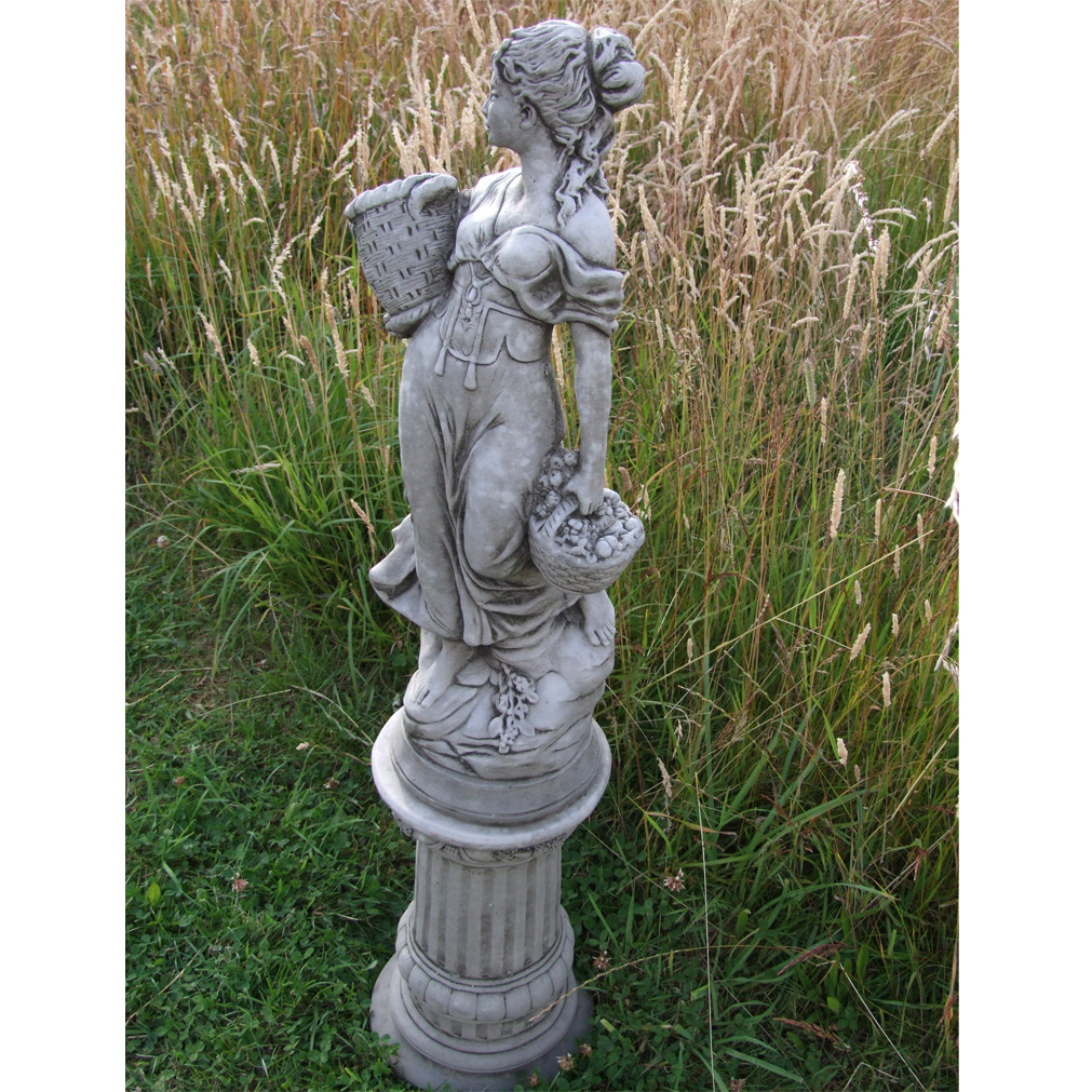 LARGE BASKET LADY ON COLUMN Hand Cast Stone Garden Ornament Statue